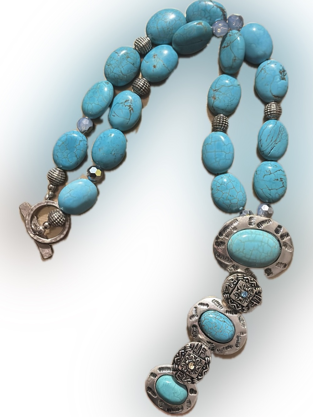Necklace Semi Precious Stone Howlite SilverTone Chunky Boho Vintage Erica Lyons